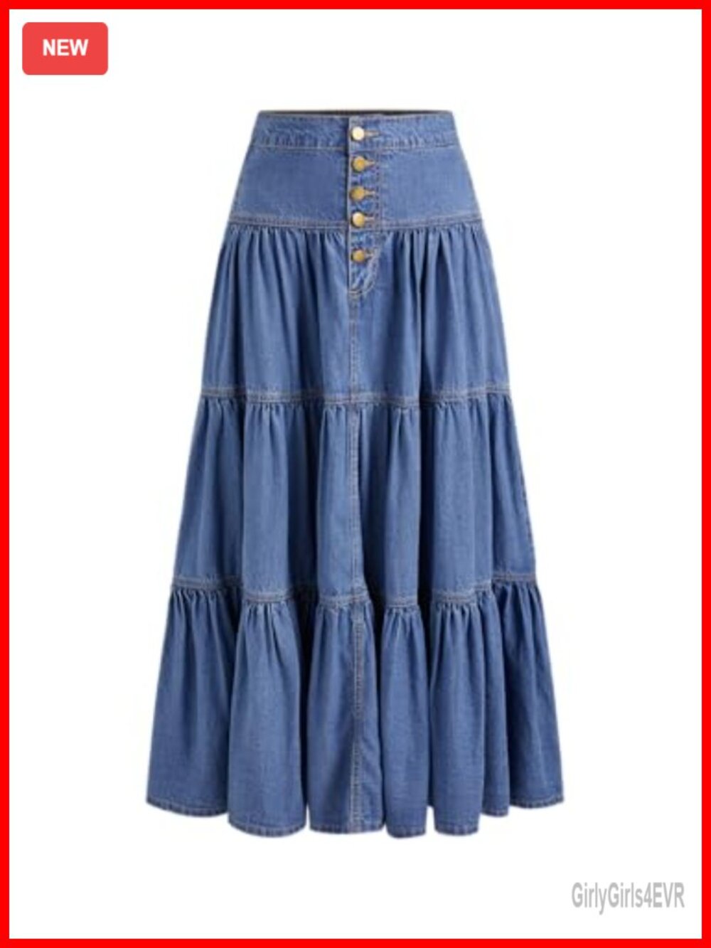 Denim Tiered Button Down High Waist Maxi Skirt Cotton Lyocell